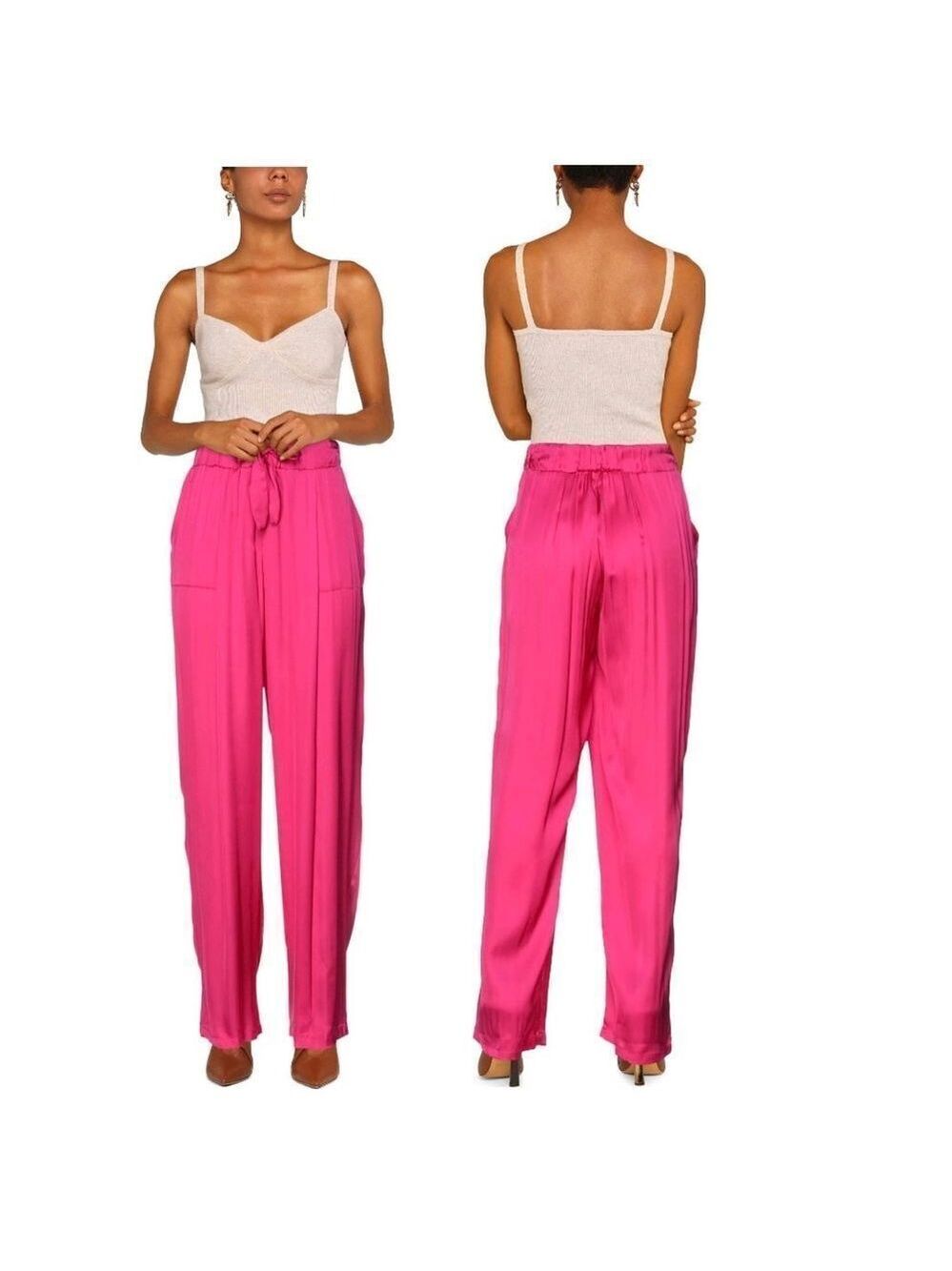 Think Be hot fuchsia pink satin high waisted straight leg  drawstring pants Sz L